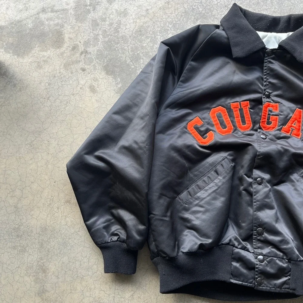 Vintage Cougars Satin Bomber Jacket Black Orange Varsity Quilted Snap Front XL